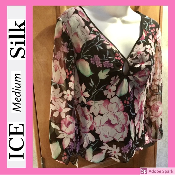 NWT❣️ Gorgeous Silk Floral V Neck Keyhole Side Zip Fitted Top ICE Pink Black - Picture 2 of 9